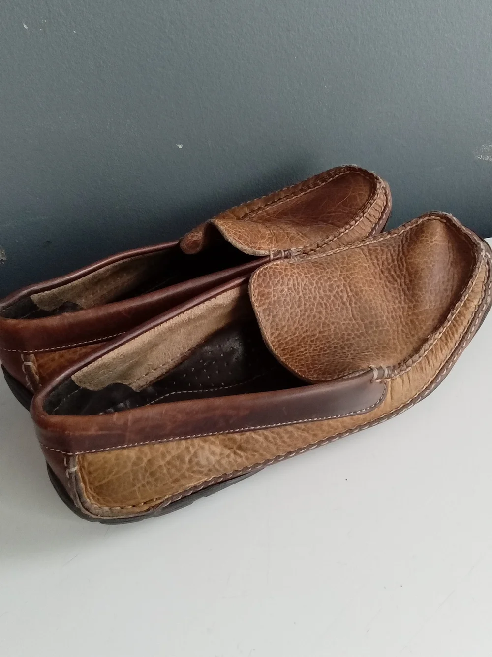 LL Bean Mens Pebble Grain‎ Leather Driving Moccasin Loafers Tan Brown Slip On